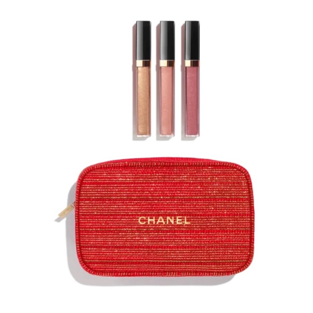 Chanel gift set 2022 limited edition makeup pouch with lip gloss trio. Brand new